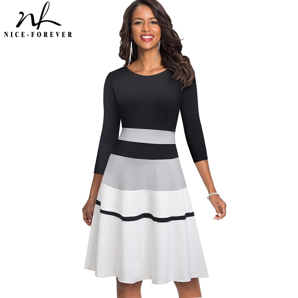 Nice-forever Retro Contrast Kleur Patchwork vestidos Business Party Flare A-lijn Vrouwen Winter Jurk A173