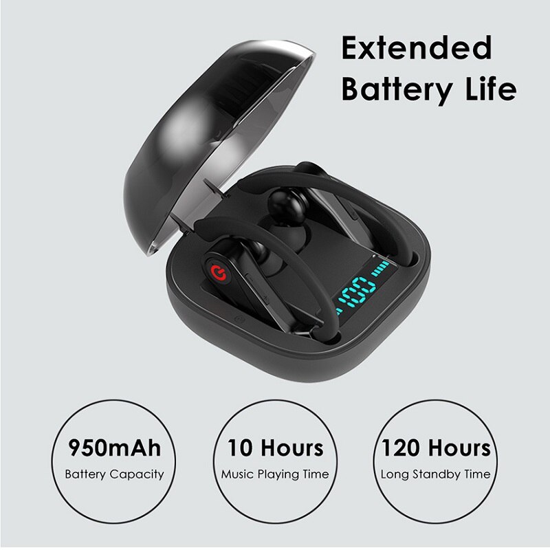 Meuyag Bluetooth 5.0 Draadloze Koptelefoon Tws Headsets Led Display Met Mic Stereo Sport Oorhaak Oortelefoon Bass Voor Smartphone