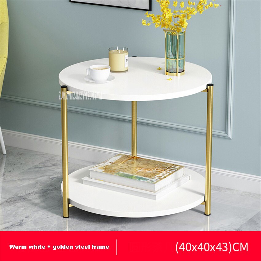 H88 pequeña mesa redonda de té de hierro, sofá Simple y moderno de doble capa, mesa de salón lateral, pequeña mesa de centro cuadrada de almacenamiento: round warm white