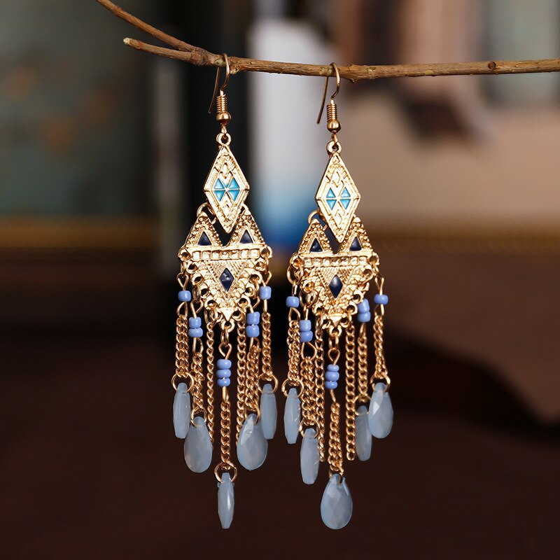 Vintage Böhmischen Blau Kristall Ohrringe für Frauen Ethnische Lange Bunte Reis Perle Goldene Kette Quaste Ohrringe Weiblichen Schmuck