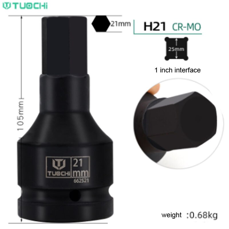 1PCS 1 inch Drive Impact Bit Socket CR-MO Heavy Hex Socket Bit Adapter 105mm Lenght Allen Key Wrench Head Pneumatic Socket Set: H21
