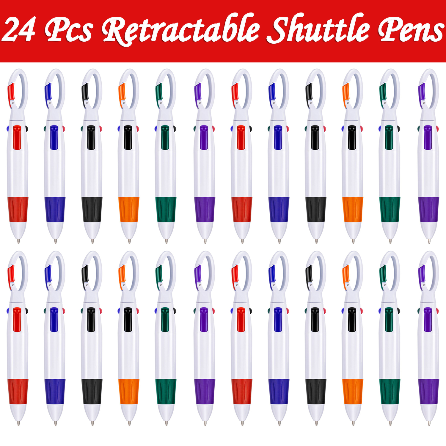 24 Pcs Retractable Shuttle Pens with Carabiner Clip 4-in-1 Ballpoint Pens Multicolor Pens with Buckle Keychain on Top