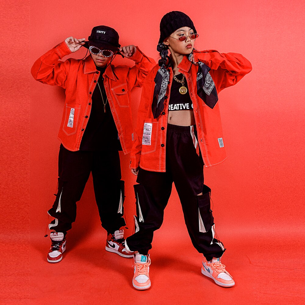 Dziewczyny Jazz nowoczesny taniec kostiumy odzież garnitury dzieci dzieci Hip Hop czerwona koszula Seatpants stroje kostiumy sceniczne DQS3281