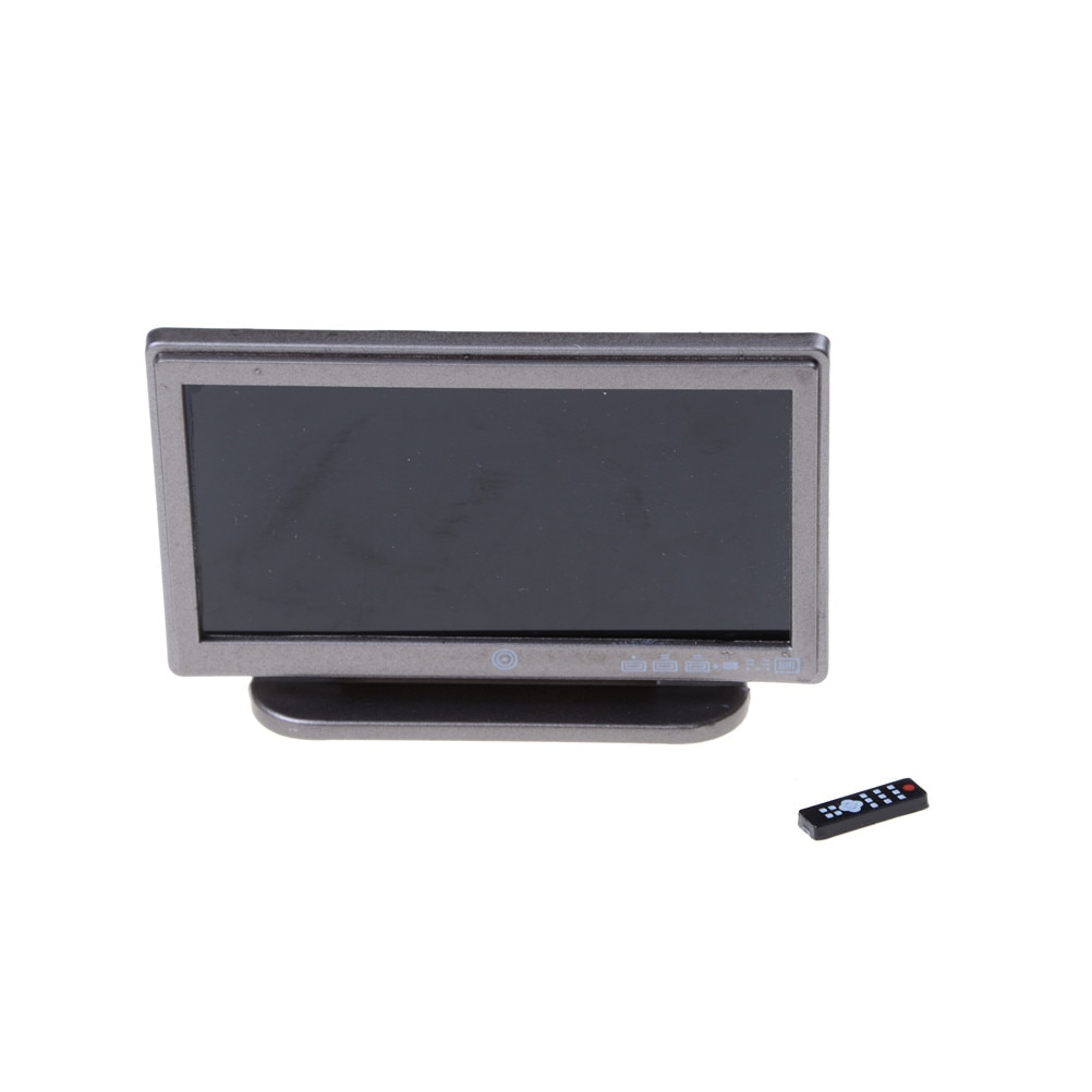 1 set tv + afstandsbediening, miniatuur breedbeeldtelevisie, platte lcd-tv, afstandsbediening, grijs, klassiek poppenhuisspeelgoed