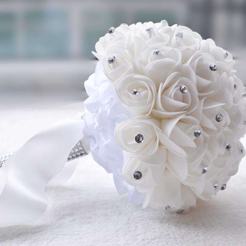 AYiCuthia boeket zijde bloemen Bridesmaid Wedding Foamflowers White Rose Bridal bouquet White Satin Romantic Wedding bouquet