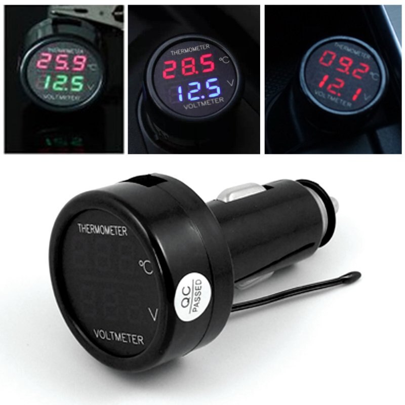 Digital bil voltmeter termometer temperaturmåler batteri skærm rød blå led dobbelt display 2 in 1 dc 12v 24v auto voltmeter