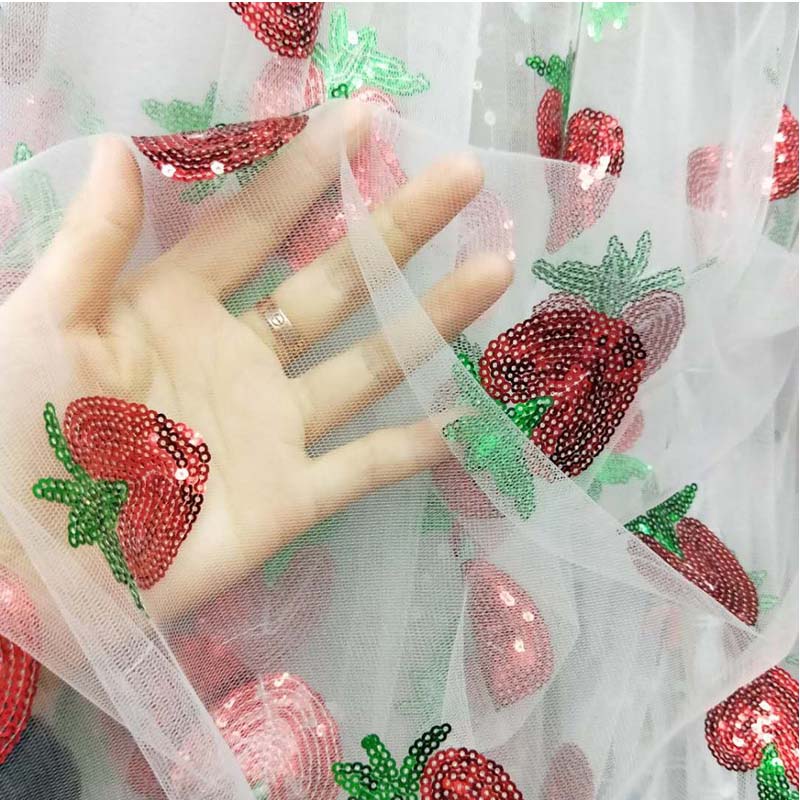 Soft Translucent Sequins Strawberry Embroidery Mesh Fabric for Wedding Party Dress Tulle Stage Garment Diy Sewing Lace Fabric
