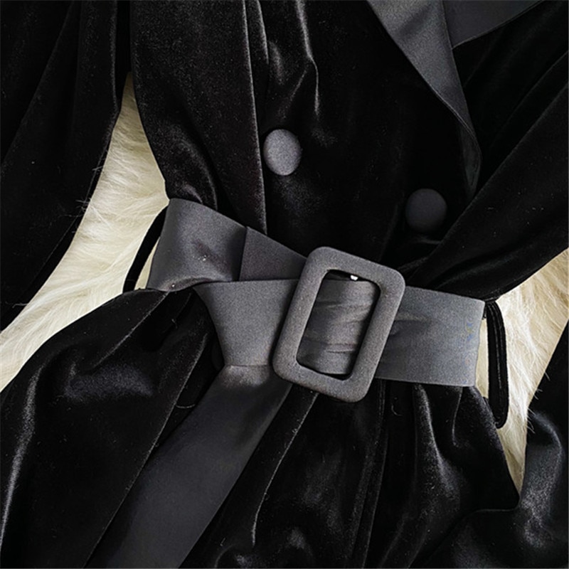 Black Velvet Trench Coat Women Double Breasted Belt Lapel Long Trench Coat Autumn Winter Womens Slim Windbreaker