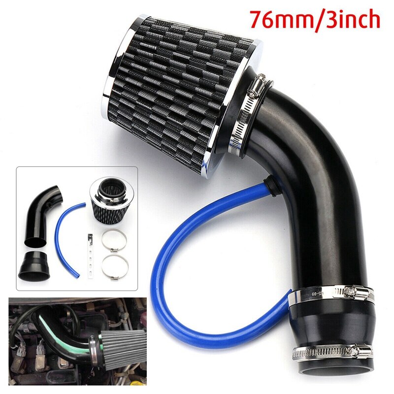 Kit de admisión de aire automotriz de aluminio Universal de 3 pulgadas, Kit de manguera de flujo de inducción de filtro de PipeAir de admisión de aire frío (negro)
