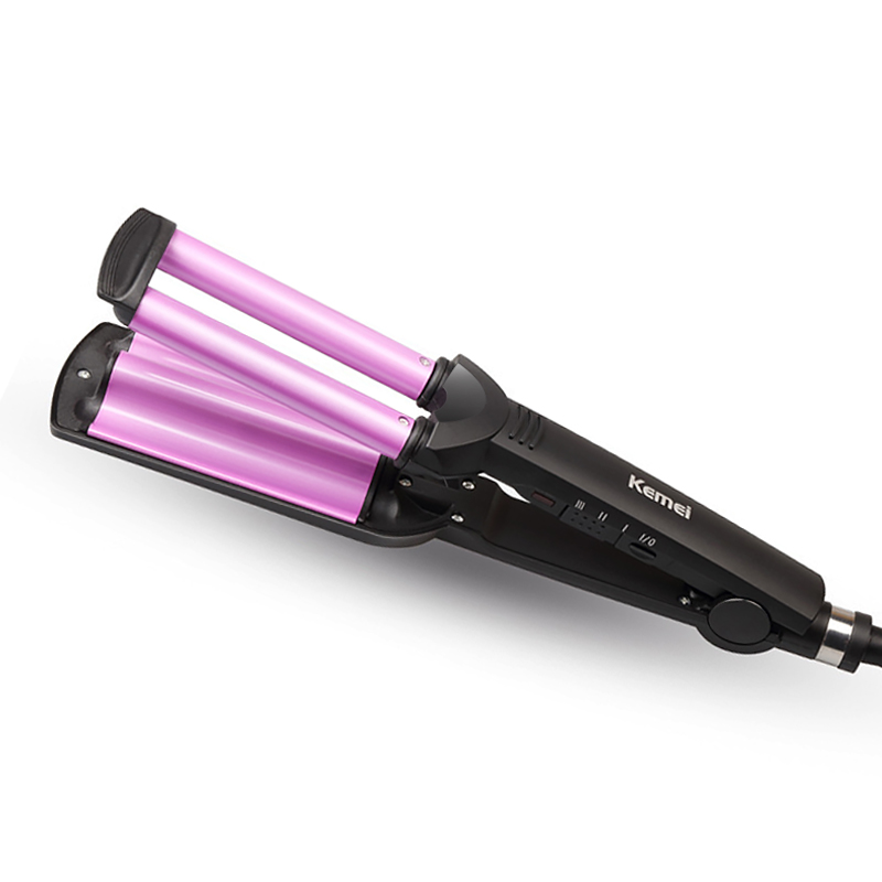 Hair Wave Curling Wand Iron Ceramic Triple Barrel Electric Automatic Rotating Hair Curler Styling Tools For Wet&amp;Dry: purple