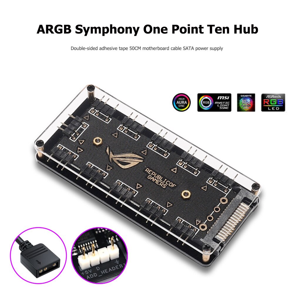 10 Ports RGB Fan HUB PC Desktop SATA Power 5V 3PIN ARGB Extension Splitter