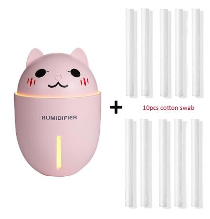 Cute Cat Humidifiers 3 in 1 320ML USB Air Humidifier Ultrasonic Cool-Mist Adorable Pet Mini Humidifier With LED Light USB Fan: Pink and 10 filters