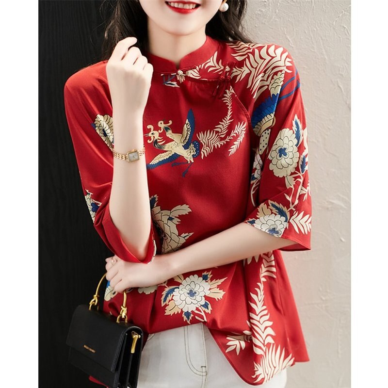 2020 mulheres estilo chinês tradicional camisas chiffon blusas soltas vintage cheongsam topos para feminino vermelho guindaste floral camisa