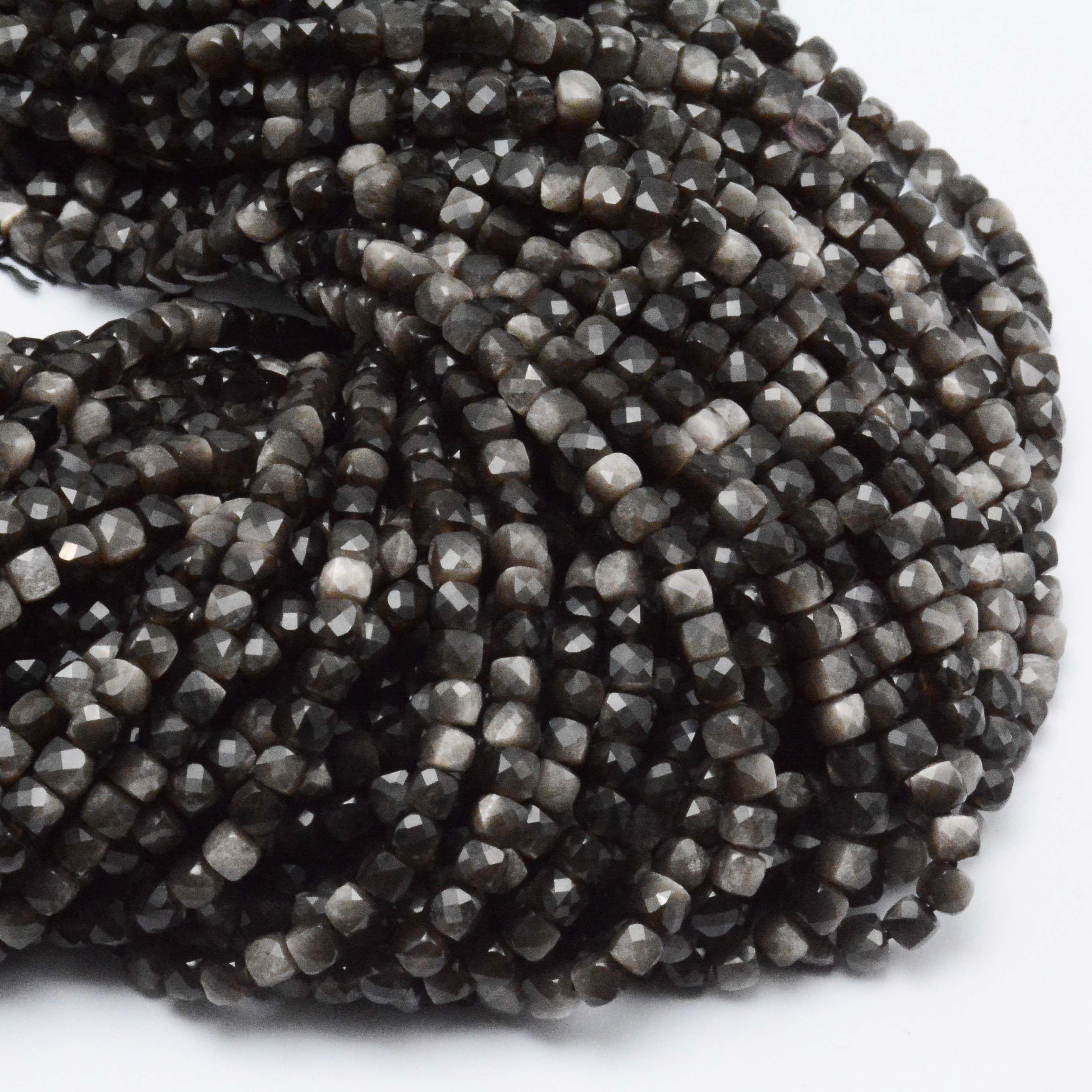 Natural Silver Sheen Obsidian Irregular Faceted Cube Beads 4.2mm~4.5mm