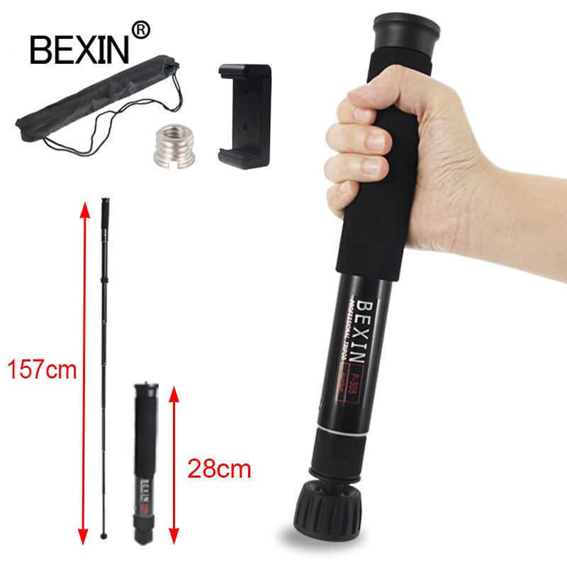 BEXIN aluminum 28cm adjustable tripod monopod lightweight camera phone stand unipod P308C P308D with detachable foot pad