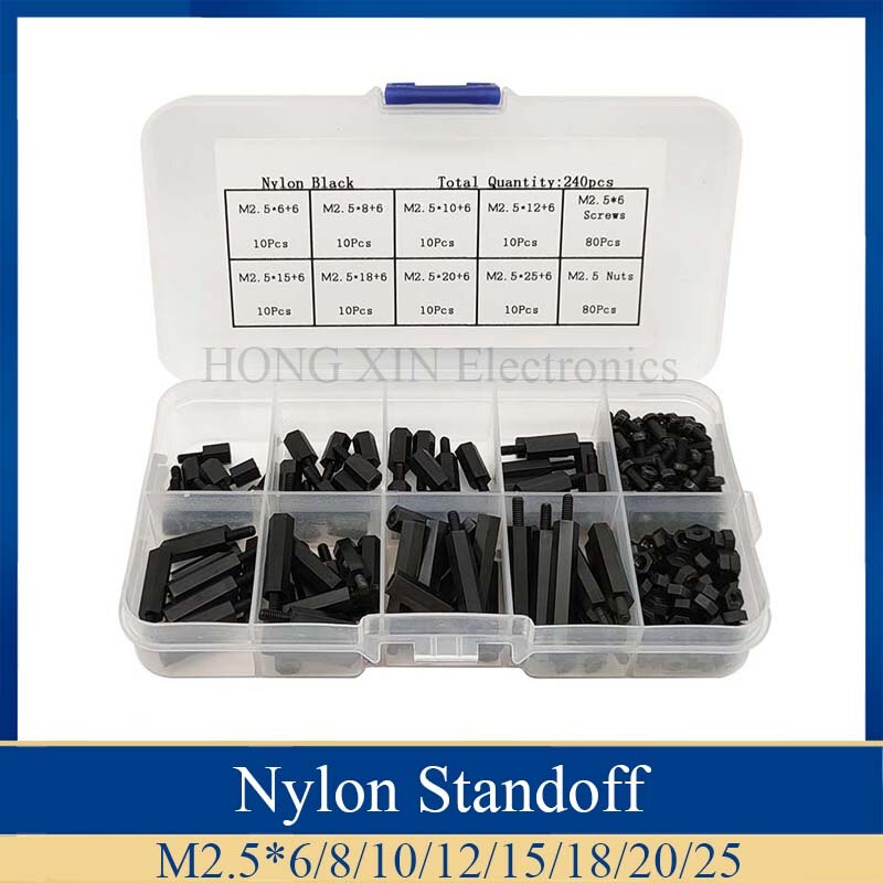 240Pcs M2.5 Black Male-Female Hex Nylon Spacers PCB Threaded Screws nuts Bolt Assortment kit set Standoff Box