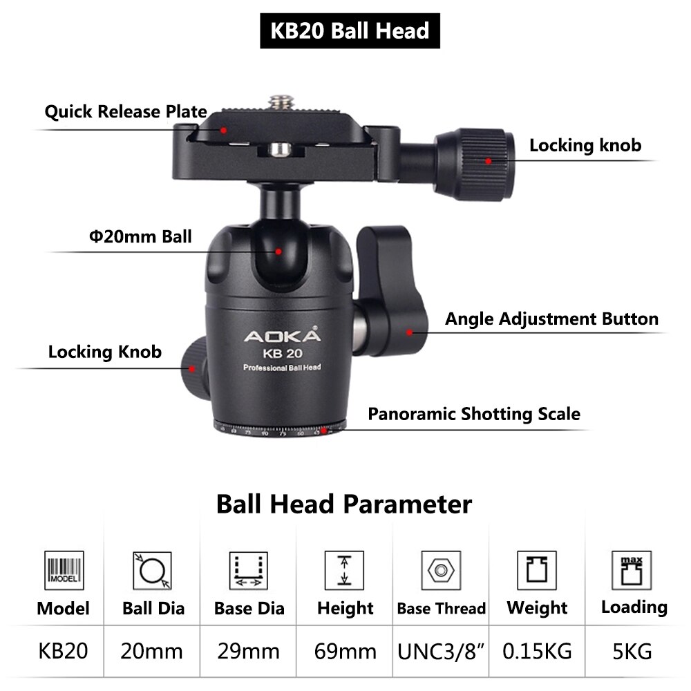 AOKA-cámara portátil CMP163C de fibra de carbono, rótula de bola de trípode para SLR DSLR, cámara Digital ligera de