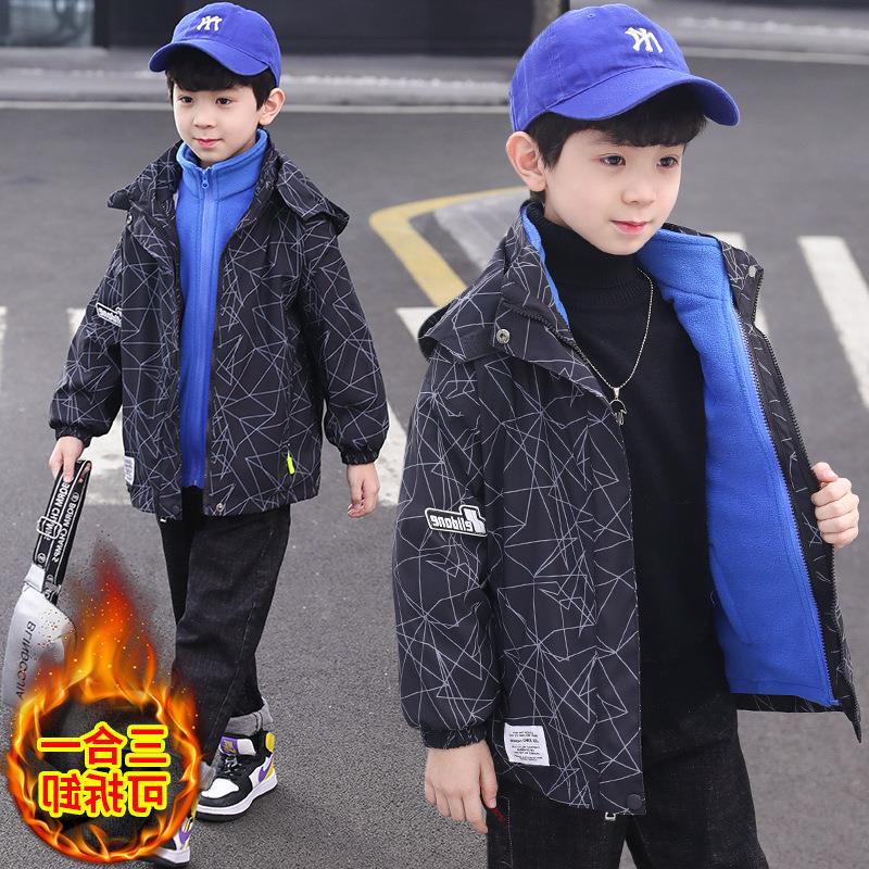 Boy's autumn/winter with removable triad ski-wear, add wool trench coat cuhk middle-aged children's jacket, 6-12 years old