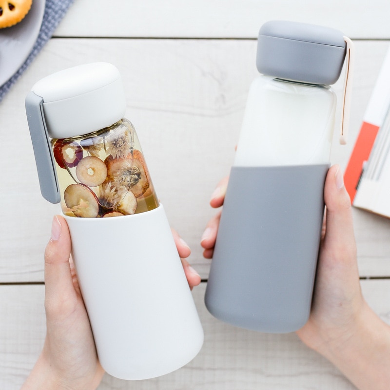 400ml Korean Women Glass Water Bottle with Silicone Cover Students School Drink Bottles Outdoor Portable Rope