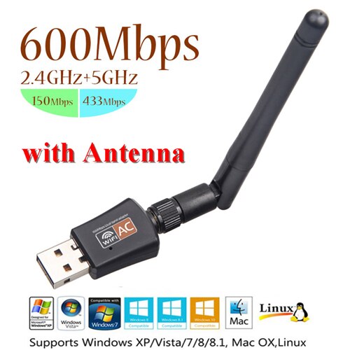 Kebidu AC 600Mbps USB Wifi Adapter 5/2. 4Ghz Dual Band met Antenne Dongle LAN 802.11ac/a/b/g/n voor Windows XP win 7 10 Mac Vista: 1