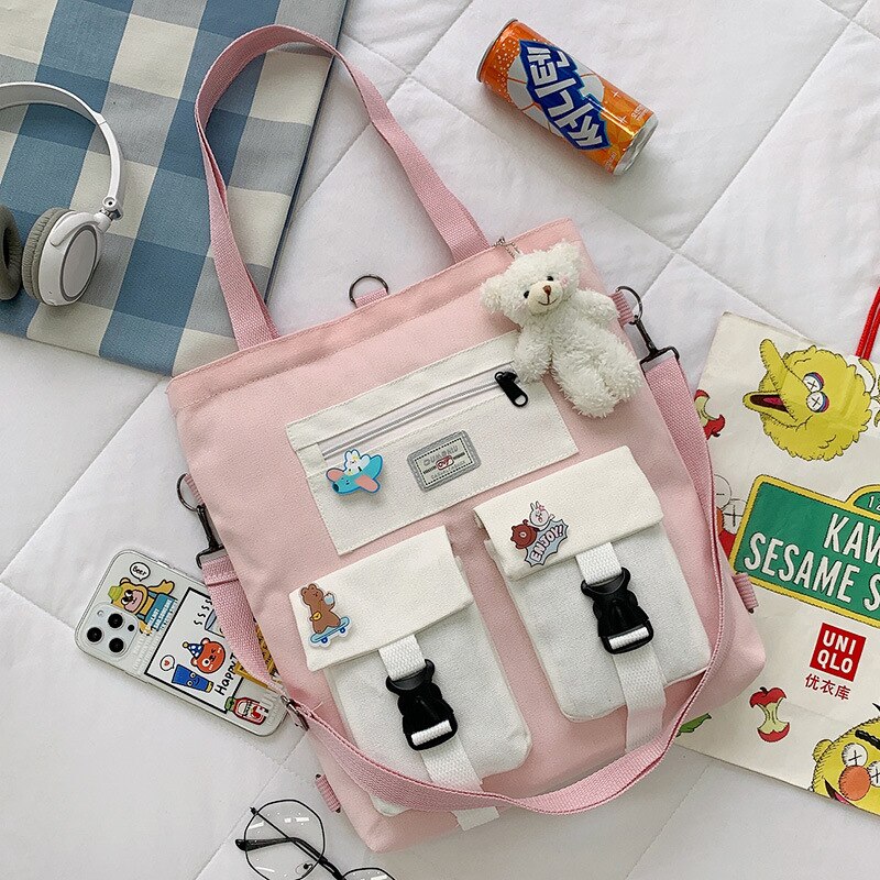 Student Backpack Book Bag Large-capacity Canvas School Class Female Bag Girls Canvas Shoulder Messenger Crossbody Bag: Pink with bear