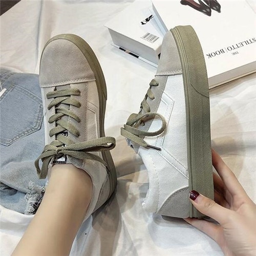 Lente Vrouwen Vulcaniseer Schoenen Mode Wilde Licht Canvas Platte Schoenen Dames Casual Low Lace-Up Sneakers: white green / 38