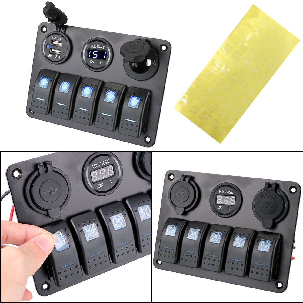 Digital spenning dobbel usb-spor stikkontakt vanntett 5- gangs led vippebryterpanel 12/24v uttak kombinasjon med sikring