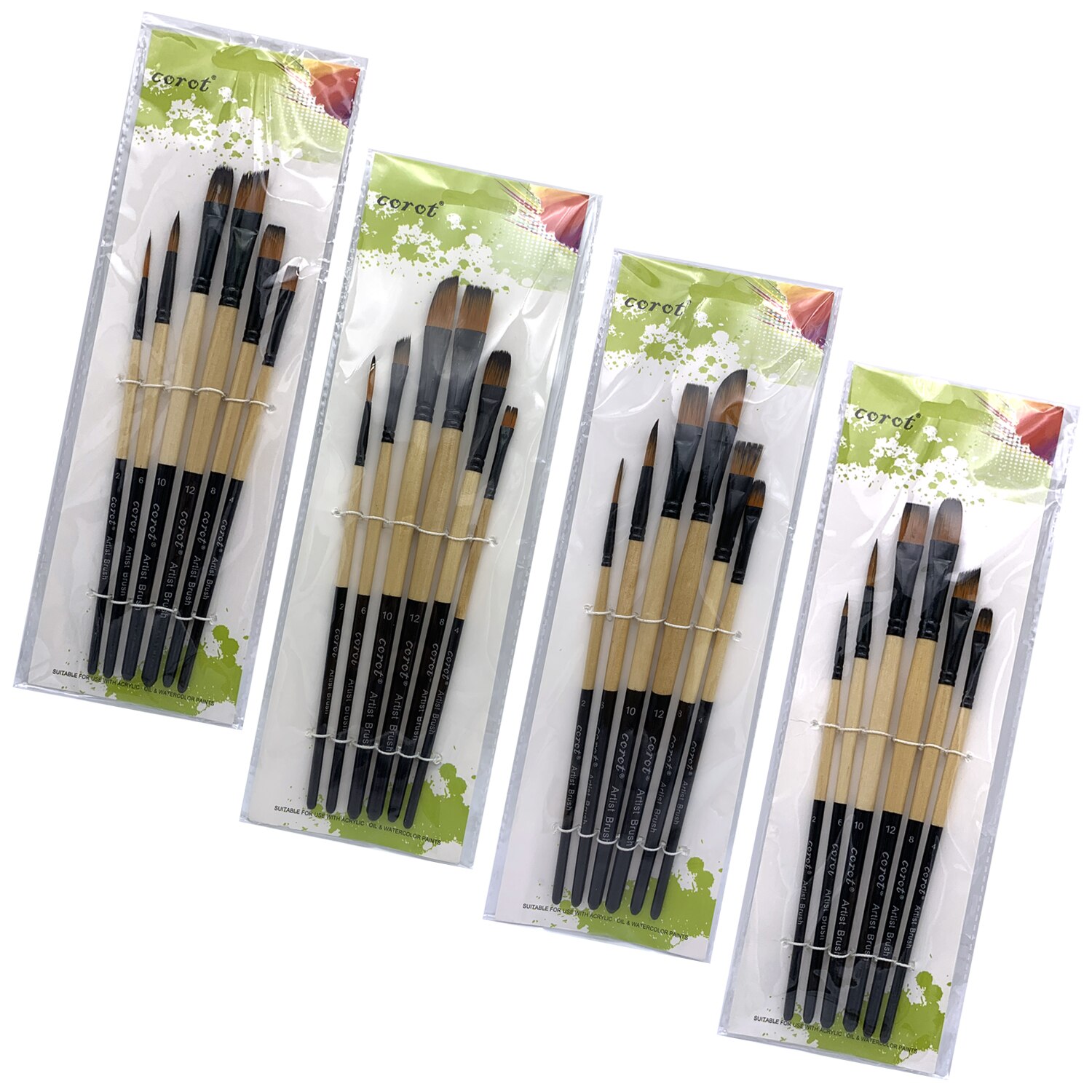 COROT-Juego de pinceles de nailon para pintar, Set de pinceles para pintar con pelo de nailon, diferentes cabezales, varilla corta, pincel acrílico al óleo, suministros de arte para acuarela, 6 uds.