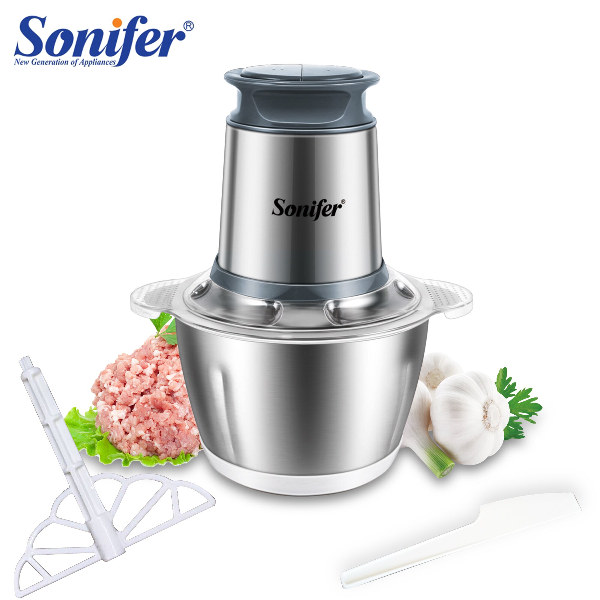 Sonifer – hachoir à viande électrique 2 vitesses en acier inoxydable, robot ménager, trancheur de cuisine, batteur d&#39;œufs, ail et légumes