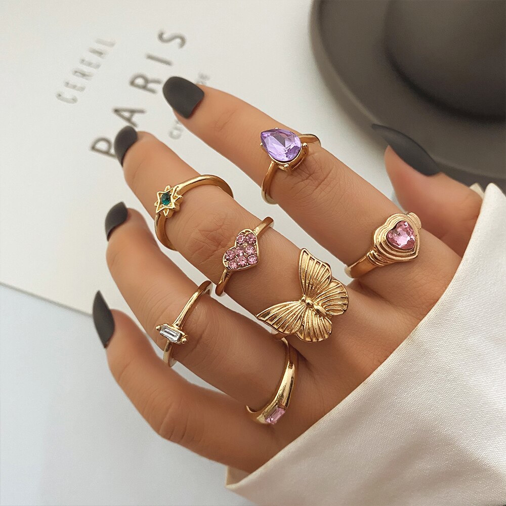 Ifmia 2022 Bohemian Vlinder Gouden Ringen Vrouw Shiny Crystal Stone Heart Geometrische Boho Sieraden Sets Voor Vrouwen Sieraden