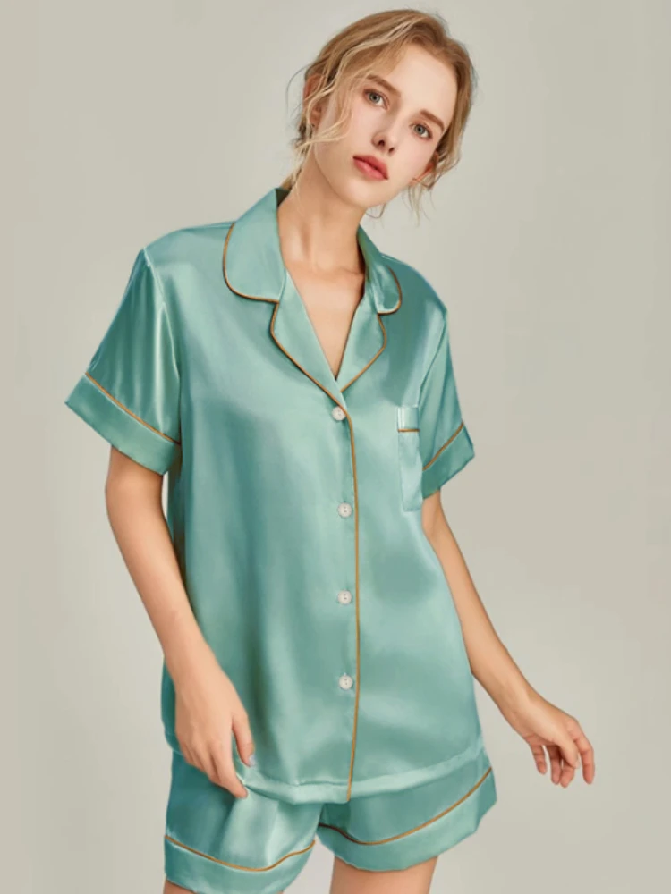 Summer Blue Women's Pajama Set Faux Stain Sleepwear V-neck Pyjama Button Top Shorts Slim 2-piece Female Nightgown Loungewear