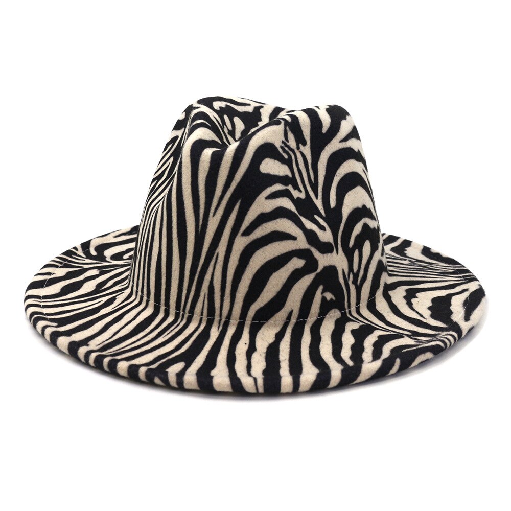 QBHAT Zebra Pattern Artificial Wool Felt Fedora Hats Women Men Large Brim Jazz Party Cap Panama Style Cowboy Hat: Beige