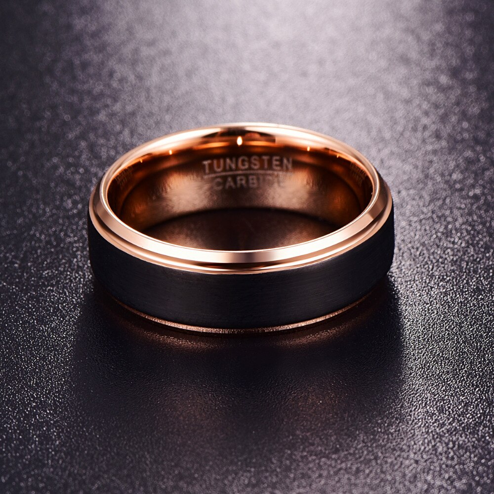 FDLK 8mm Rose Gold Stainless Steel Ring Surface Black Brushed Wedding Band Unisex Men and Women Promise Jewelry