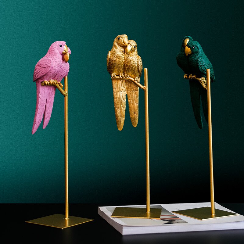 Figuras en miniatura con de loro y animal simulado de resina creativa de estilo nórdico, adornos para manualidades de pájaros, decoración moderna de oro para el hogar