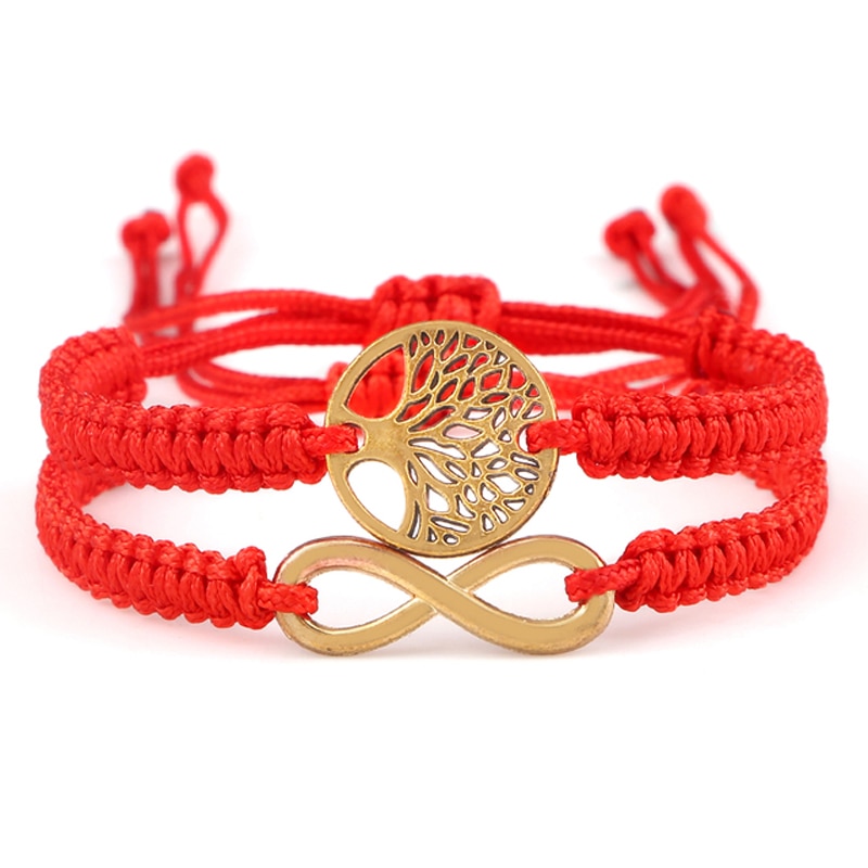 2 pçs/set vermelho preto vida árvore fio pulseira masculino tecido trançado ajustável tibetano budista pulseira feminino amante jóias presente