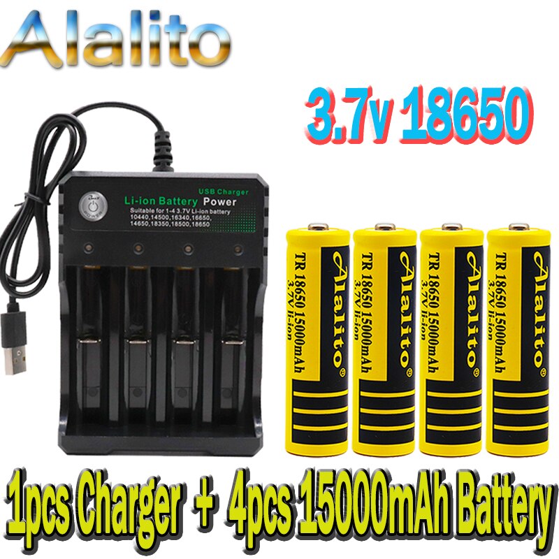 18650 battery 3.7V 15000mAh rechargeable liion battery for Led flashlight battery 18650 battery +USB charger: Red
