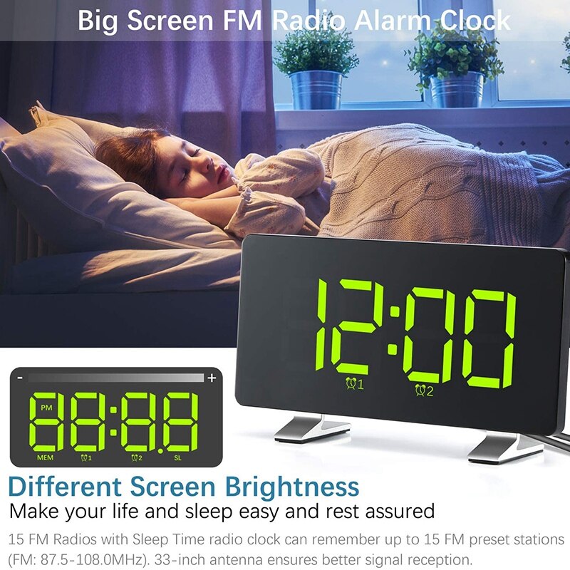 Alarm Clocks for Bedrooms with FM Radio, Dual Alarms, 6.7Inch LED Sn, USB Port for Charging, 4 Brightness, 12/24H
