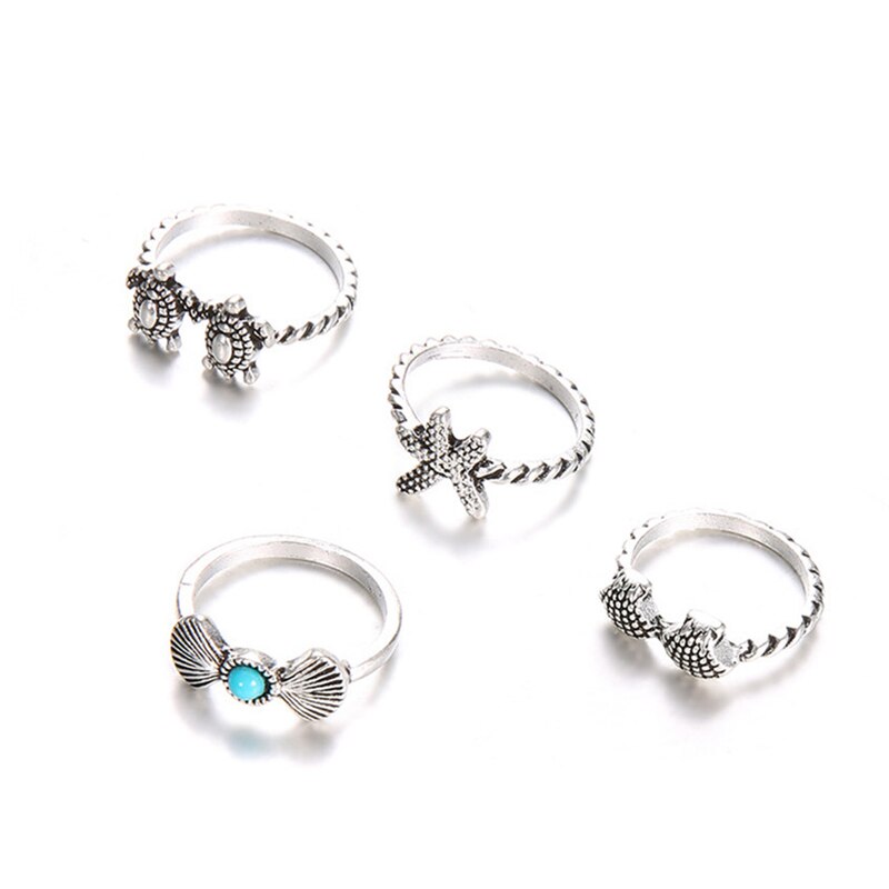 4 stuks Bohemian Shell Schildpad Vinger Ring Set Charm Starfish Zilveren Joint Knuckle Rings Vrouwen Sieraden Accessoires: Default Title