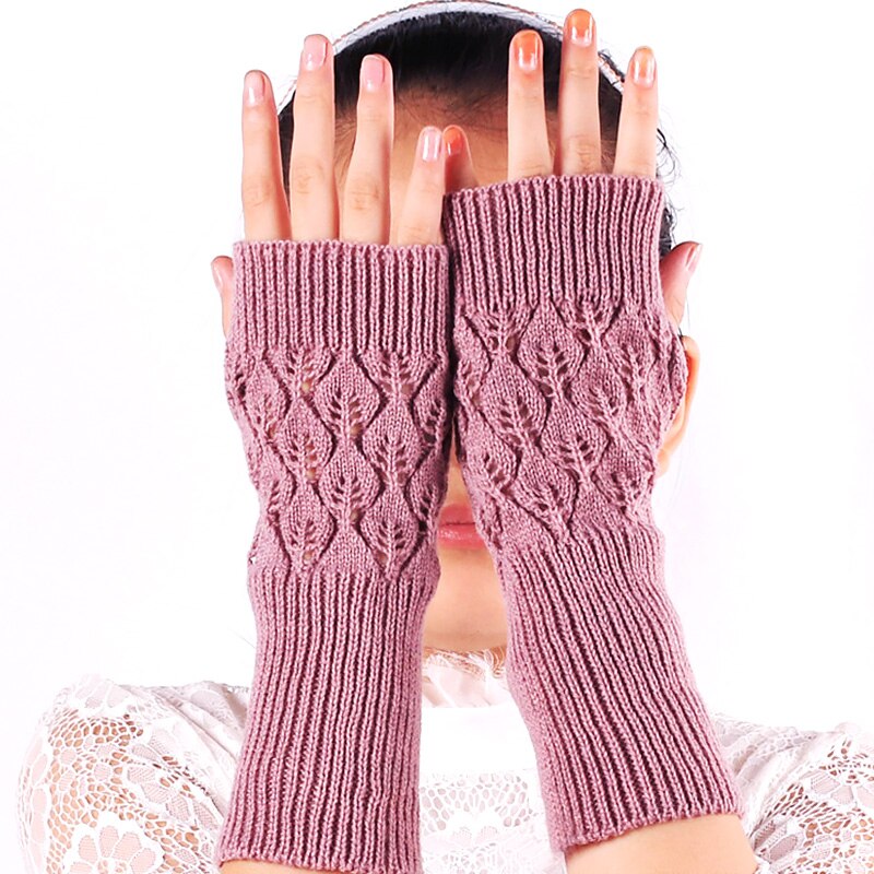 Winter Warm Fingerless Knitted Gloves For Women Acrylic Stretch Half Finger Arm Glove Crochet Knitting Faux Girls Mitten Gloves: Dark pink