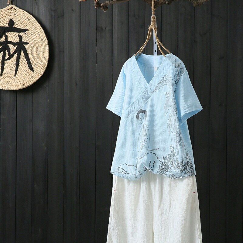 Katoen Linnen Chinese Zomer Blouses Zomer Shirt Korte Mouw Oosterse Cheongsam Tops Traditionele Chinese Kleding 10382: 4