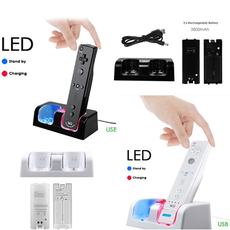 2 Ports Charging Station with 2 Rechargeable 2800 mAh Battery Pack Compatible with Wii Remote Controller