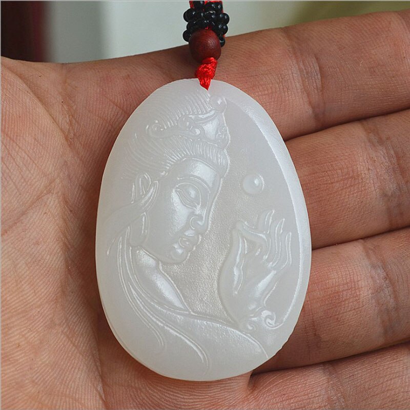 XinJiang Witte Jade Guan Yin Boeddha Hanger Ketting Jade Steen Geluk Amulet Ketting Met Ketting Voor Mannen Vrouwen