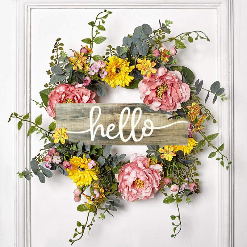 Wooden Hello Sign Rustic Farmhouse Porch Front Home Wedding Wooden Sign Door Hanging Flower Wreath Decoration Accessories