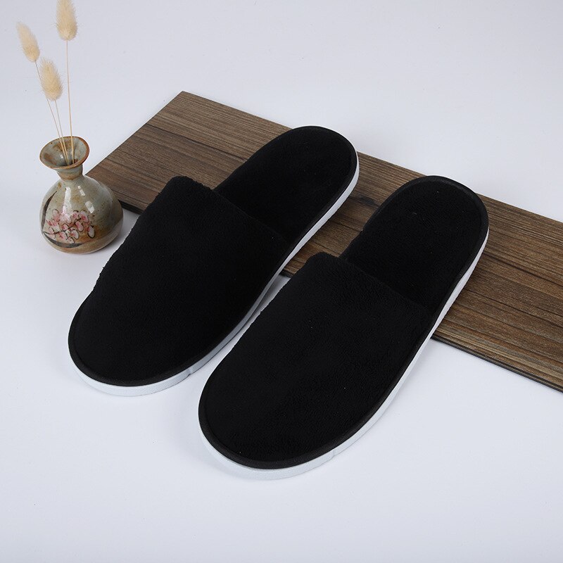 Disposable Slippers Hotel Open Toe Slides Close Toe Non-slip Travel Indoor Guest Slippers Portable Coral fleece Shoes 10 Pairs: Black1