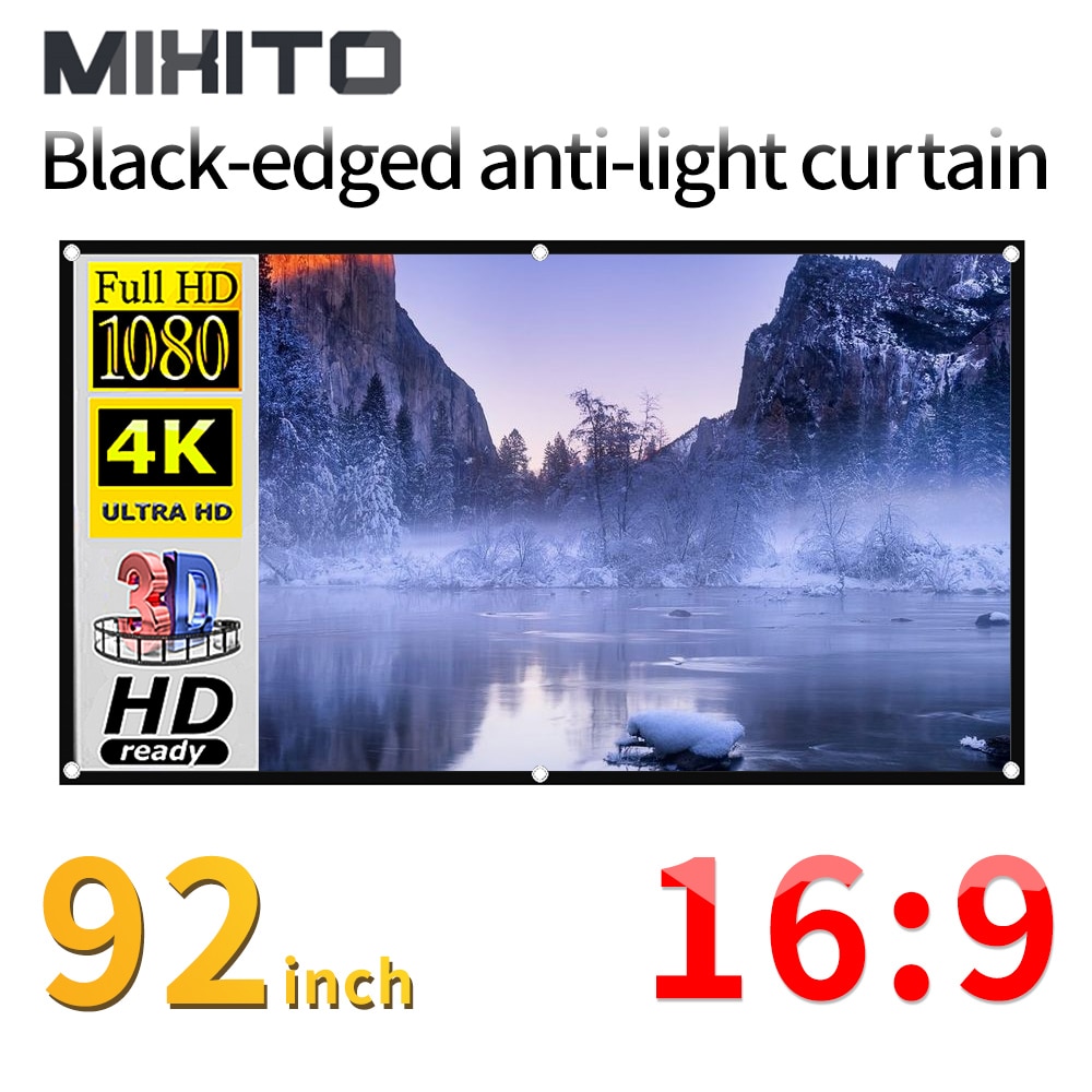 MIXITO 92-Inch 16:9 Projector Light-Proof Screen Black Side With HoleScreen 3d High-Definition Portable Outdoor Indoor
