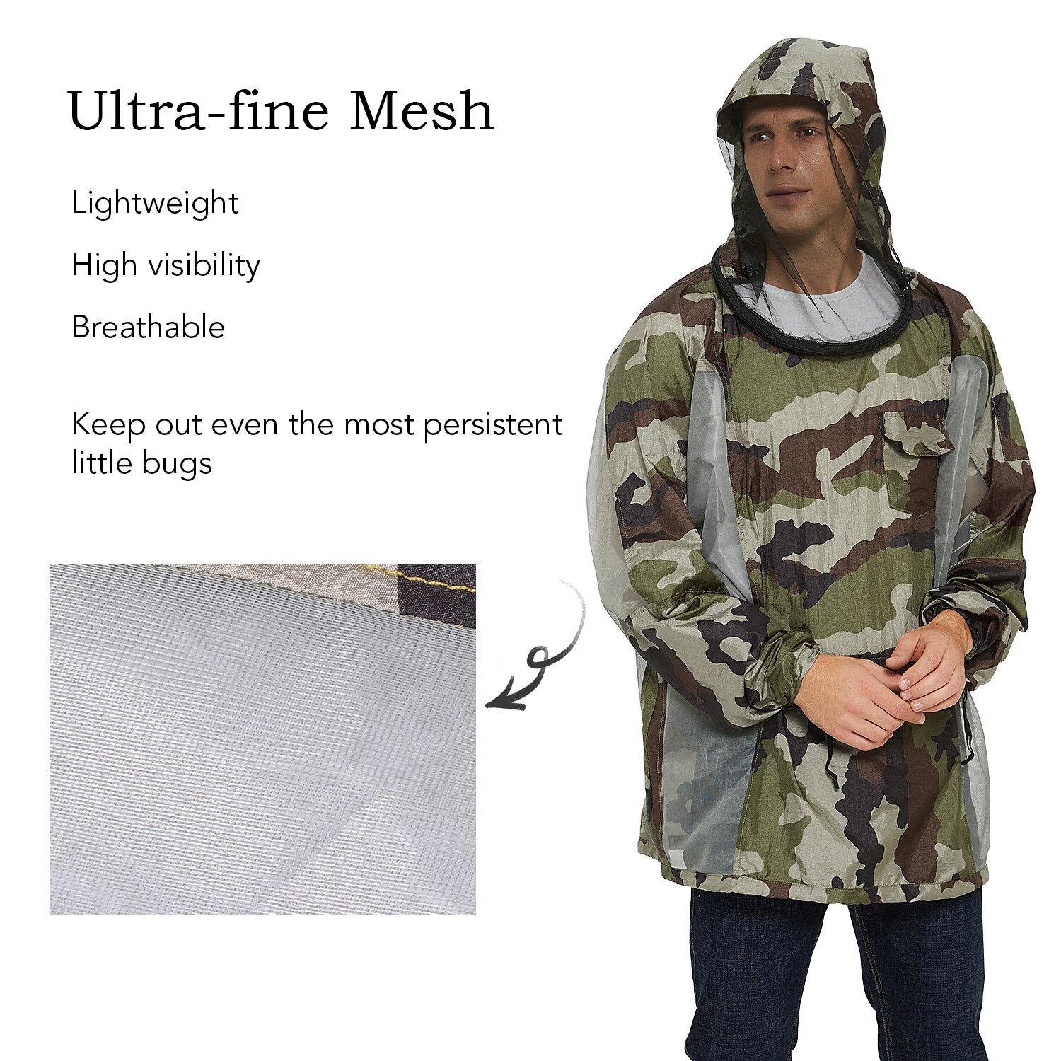 Breathable Bug Jacket with Zippered Hood Mosquito Repellent Mesh Net Shirt Clothing for Men and Women