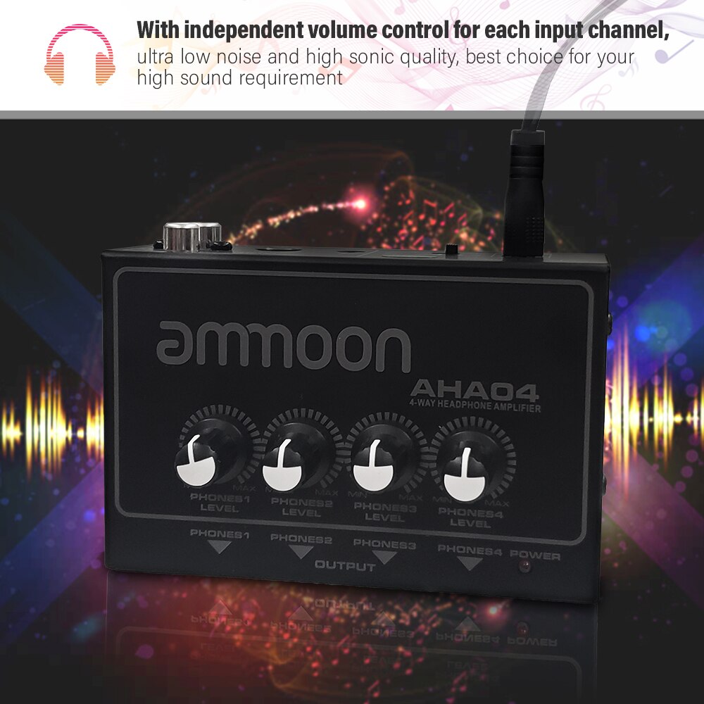 ammoon Headphone Amplifier Amp AHA04 Portable 4-Way with 1/4 inch & 1/8 inch Inputs Outputs RCA Stereo Input Volume Control