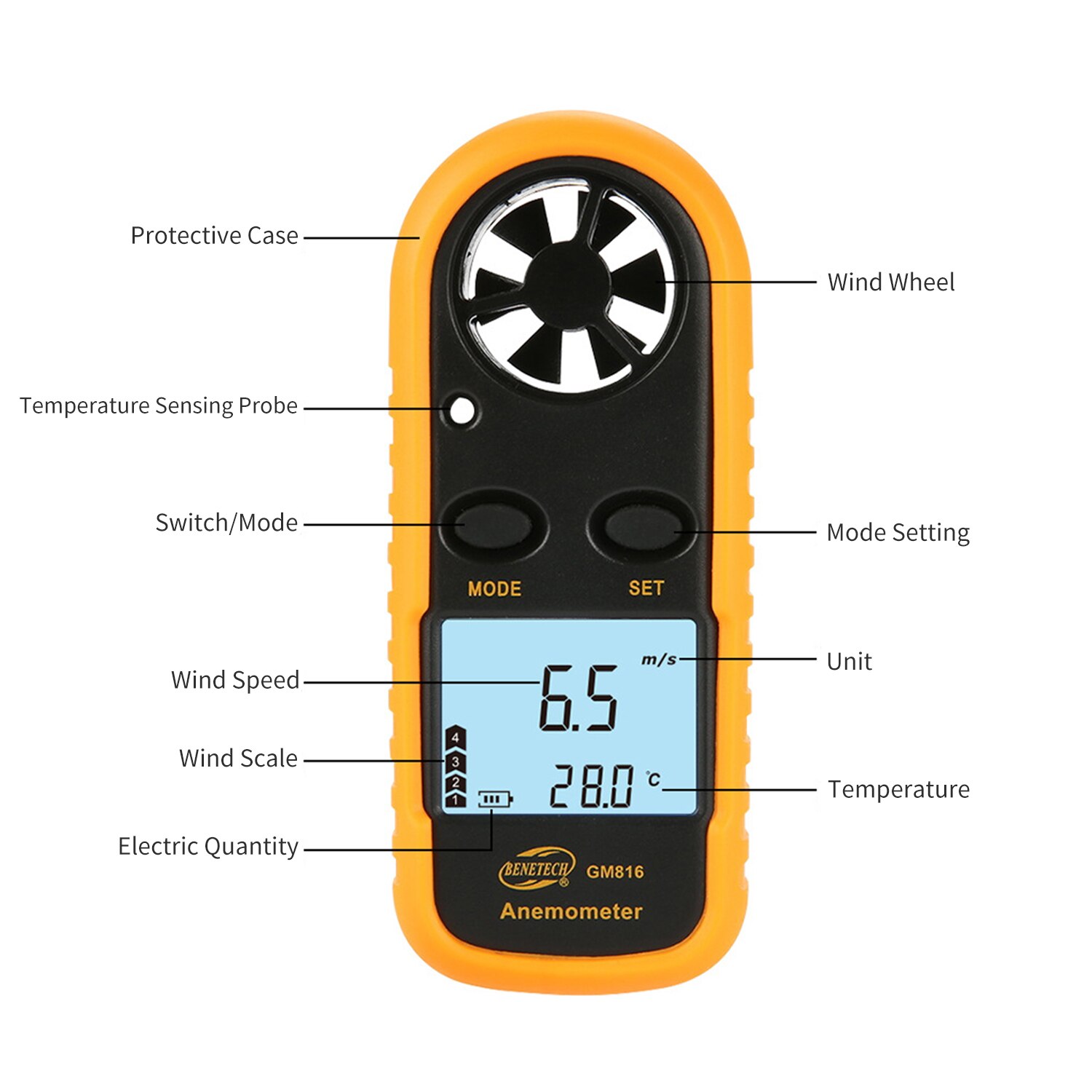 Mini anémomètre numérique LCD portable compteur de vitesse du vent jauge de vitesse du vent 0.3-30 m/s testeur de capteur avec écran rétroéclairé