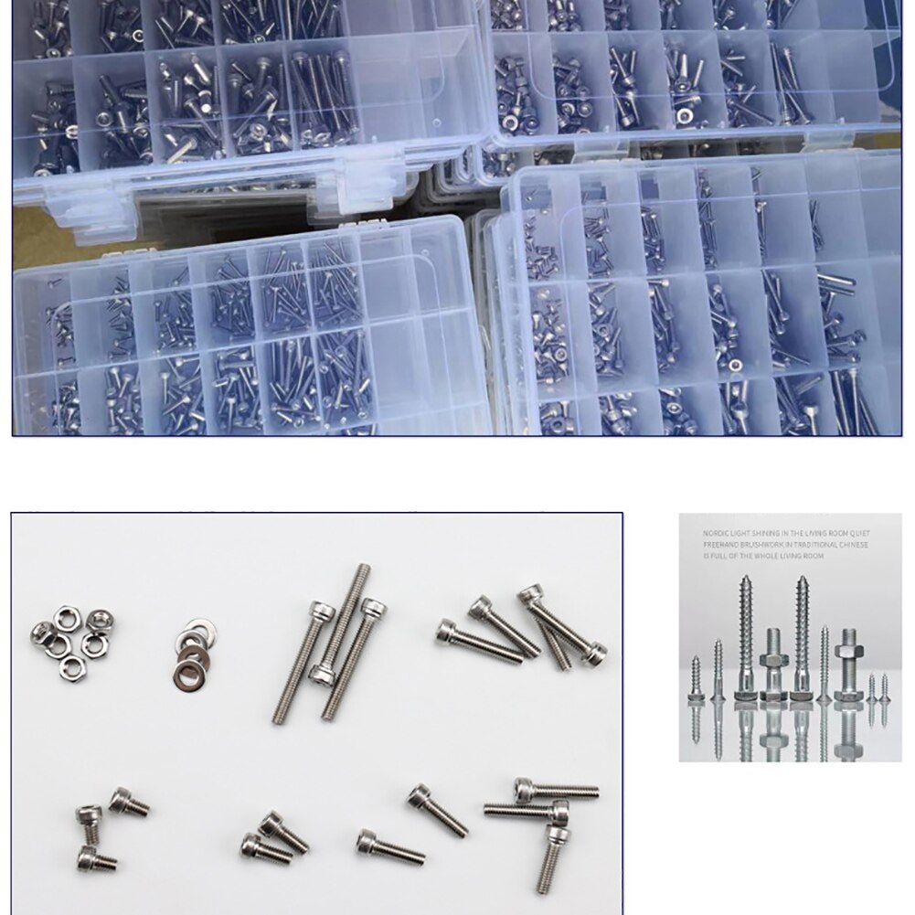 1080pcs M2 M3 M4 Hex Socket Head Cap Screw Nuts and Bolts Assortment Kit Set 304 Stainless Steel with Storage Box