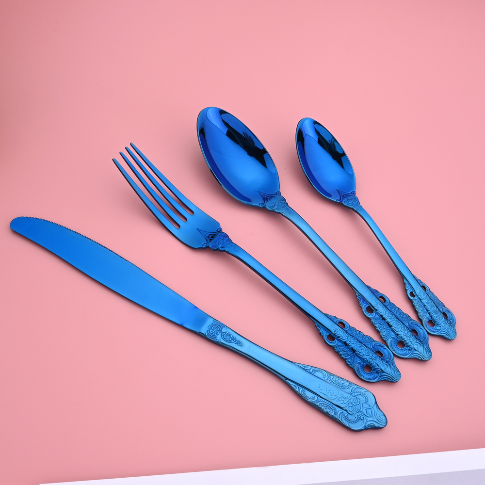 24Pcs Blue Cutlery Set Knives Fork Tea Spoon Dinner Tableware 304 Stainless Steel Dinnerware Set Kitchen Flatware Silverware